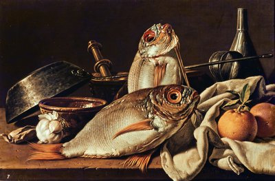 Still Life of fishes, oranges and garlic by Luis Egidio Melendez